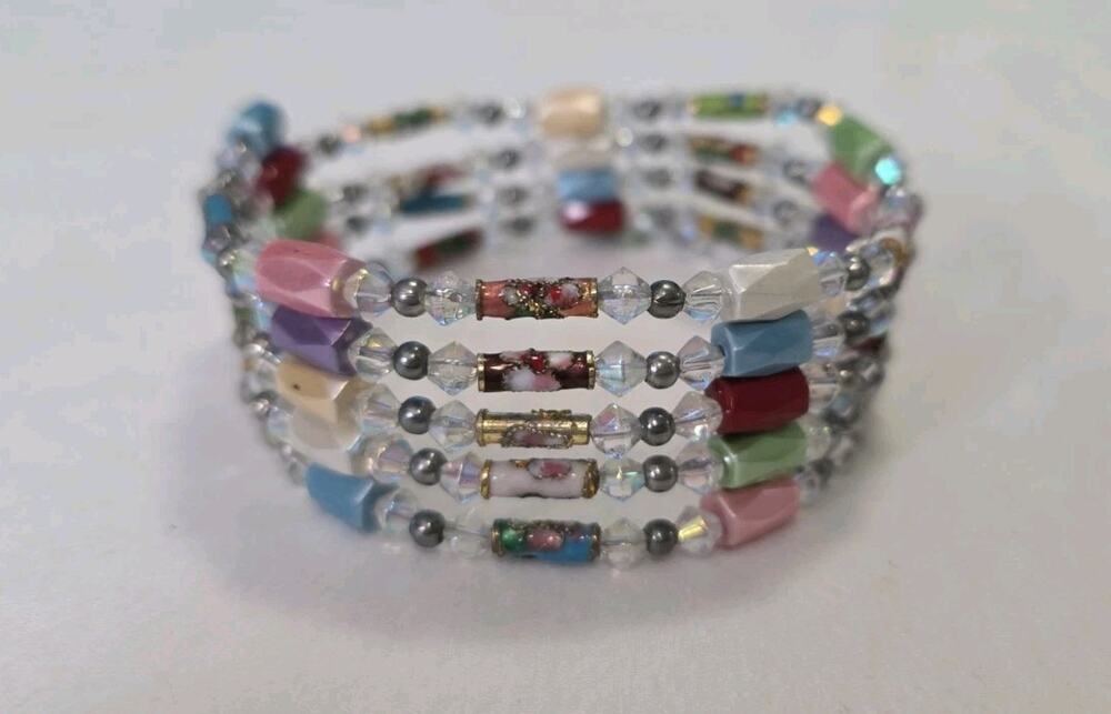 Magnetic Hematite Beads Wrap Around Bracelet Multi Colored & Cloisonne Accents